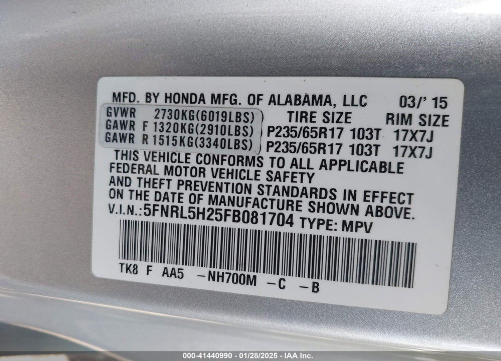 2015 HONDA ODYSSEY LX VIN: 5FNRL5H25FB081704