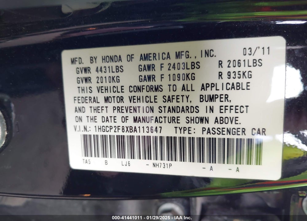 2011 HONDA ACCORD VIN: 1HGCP2F8XBA113647