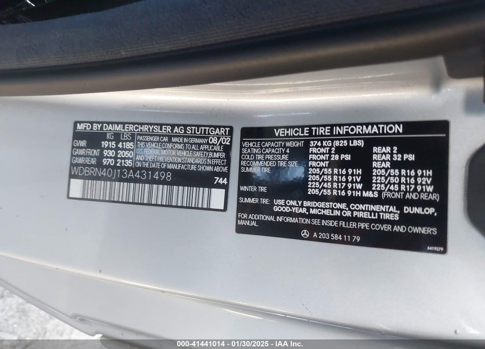 2003 MERCEDES-BENZ C 230 KOMPRESSOR SPORT VIN: WDBRN40J13A431498