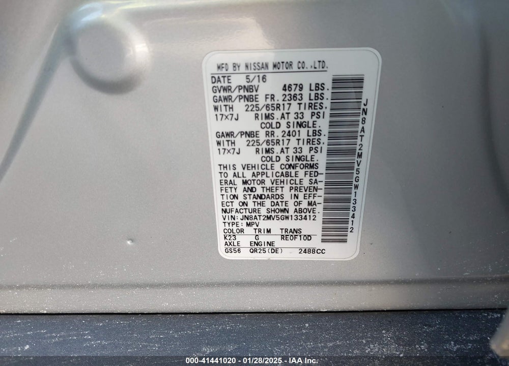 2016 NISSAN ROGUE S VIN: JN8AT2MV5GW133412