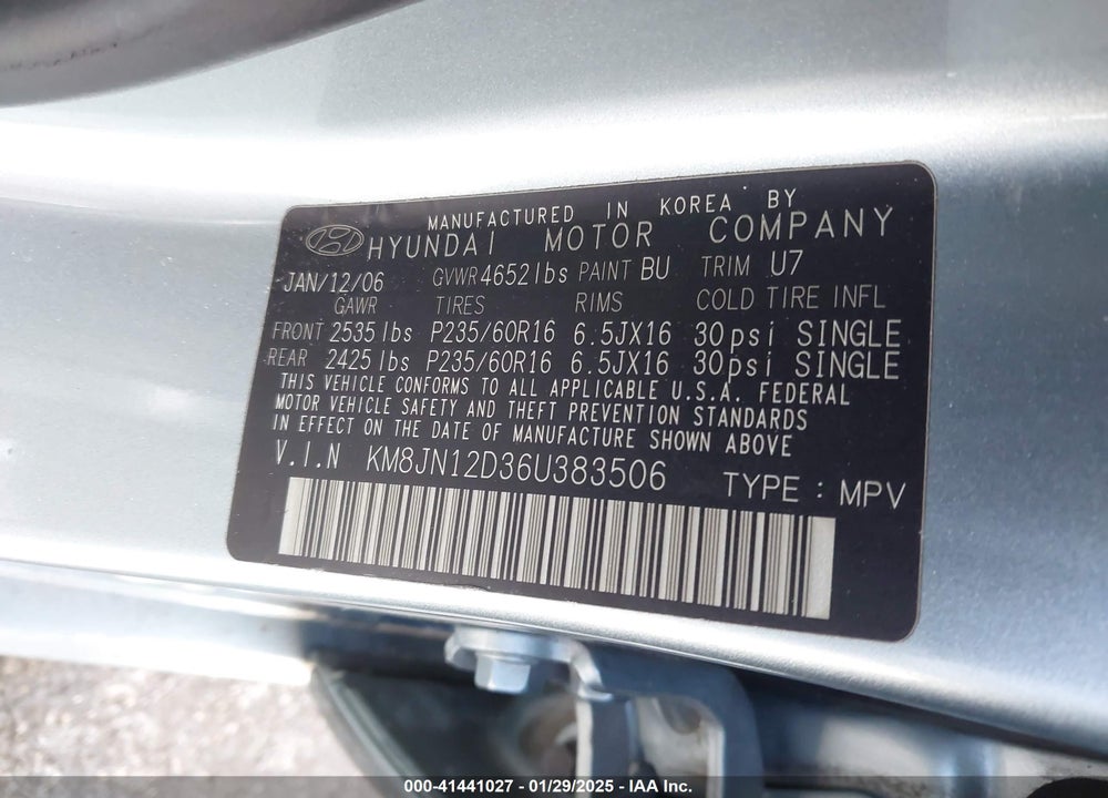 2006 HYUNDAI TUCSON GLS/LIMITED VIN: KM8JN12D36U383506