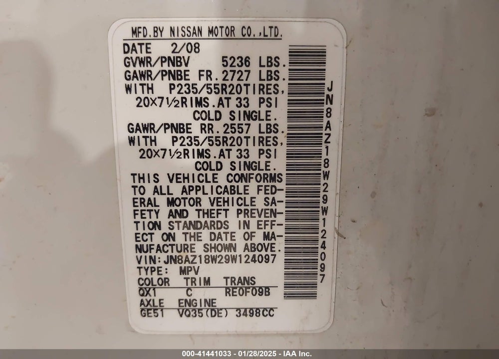 2009 NISSAN MURANO LE VIN: JN8AZ18W29W124097