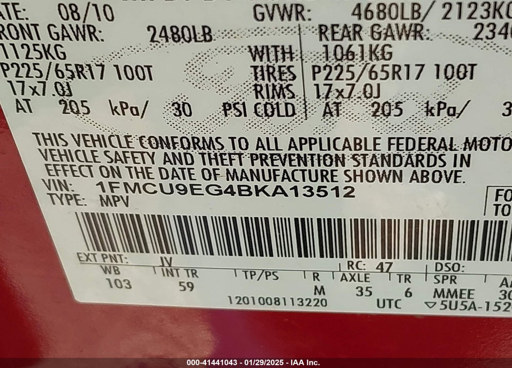 2011 FORD ESCAPE LIMITED VIN: 1FMCU9EG4BKA13512