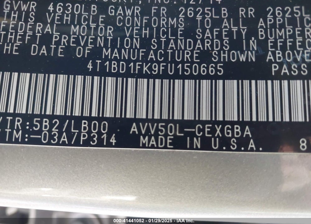 2015 TOYOTA CAMRY HYBRID VIN: 4T1BD1FK9FU150665