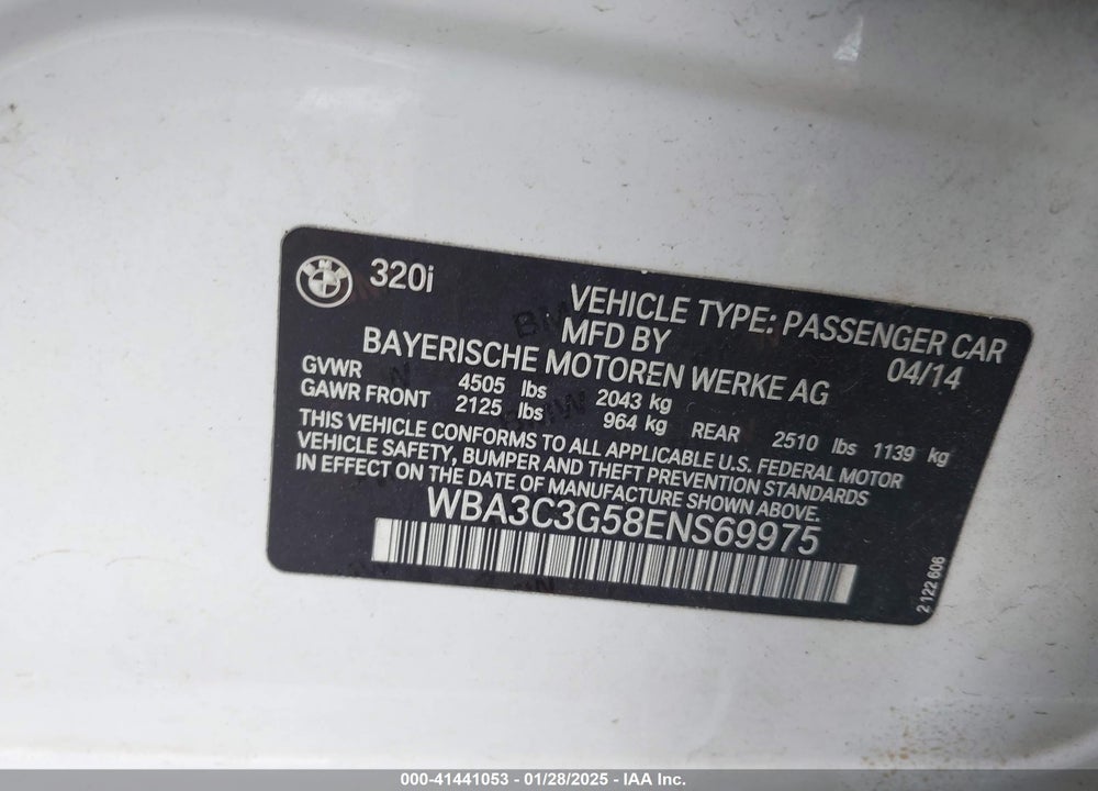 2014 BMW 320I VIN: WBA3C3G58ENS69975