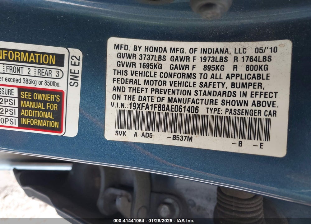 2010 HONDA CIVIC VIN: 19XFA1F88AE061406