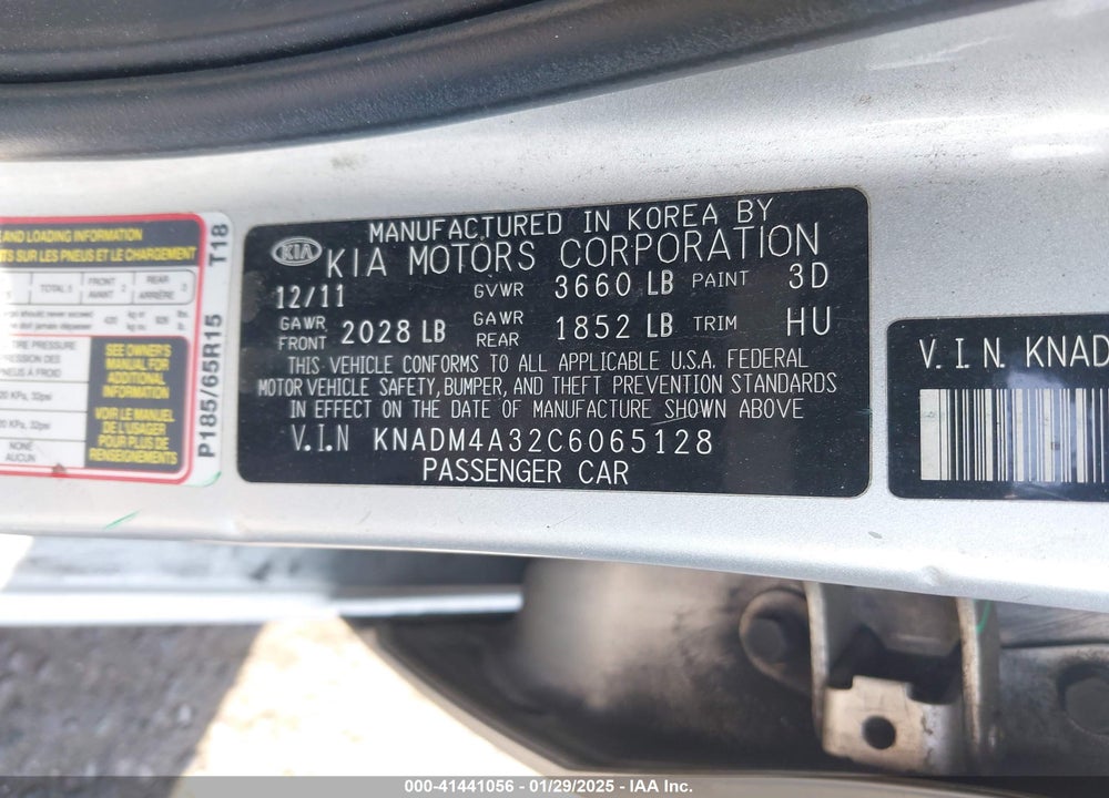 2012 KIA RIO VIN: KNADM4A32C6065128