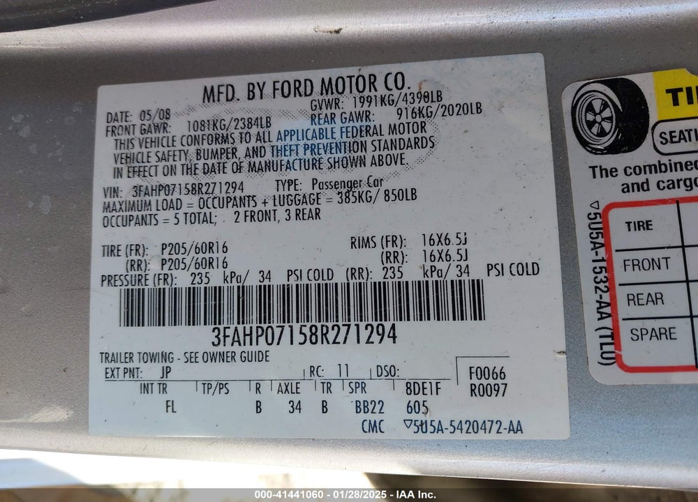 2008 FORD FUSION VIN: 3FAHP07158R271294