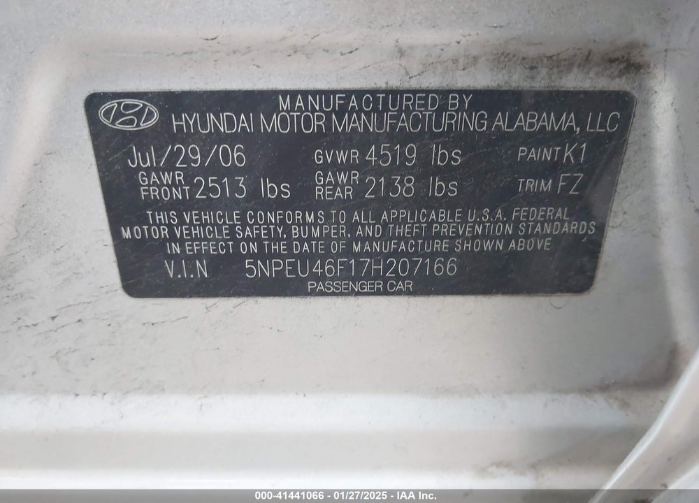 2007 HYUNDAI SONATA LIMITED/SE V6 VIN: 5NPEU46F17H207166