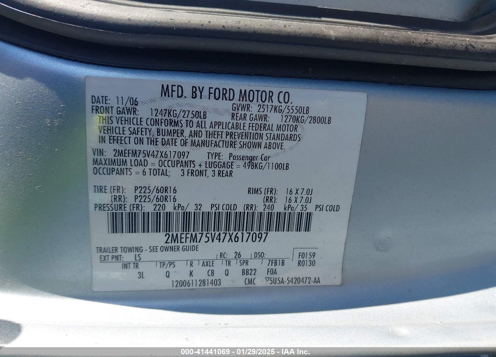 2007 MERCURY GRAND MARQUIS VIN: 2MEFM75V47X617097