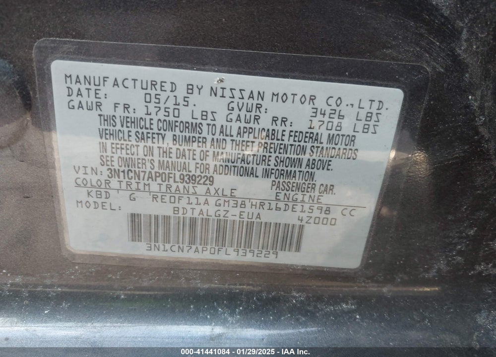 2015 NISSAN VERSA VIN: 3N1CN7AP0FL939229