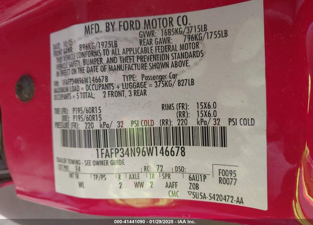 2006 FORD FOCUS VIN: 1FAFP34N96W146678