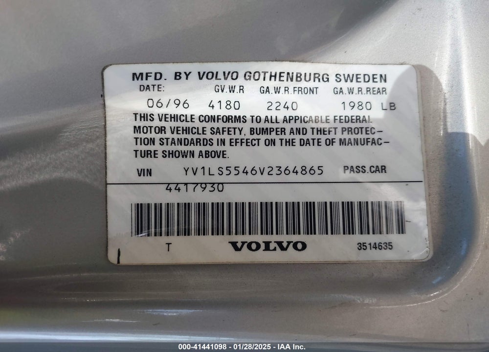 1997 VOLVO 850 GT VIN: YV1LS5546V2364865