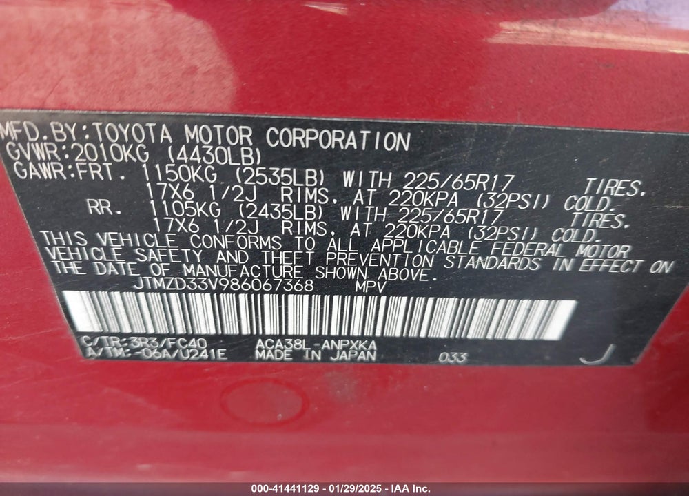2008 TOYOTA RAV4 VIN: JTMZD33V986067368