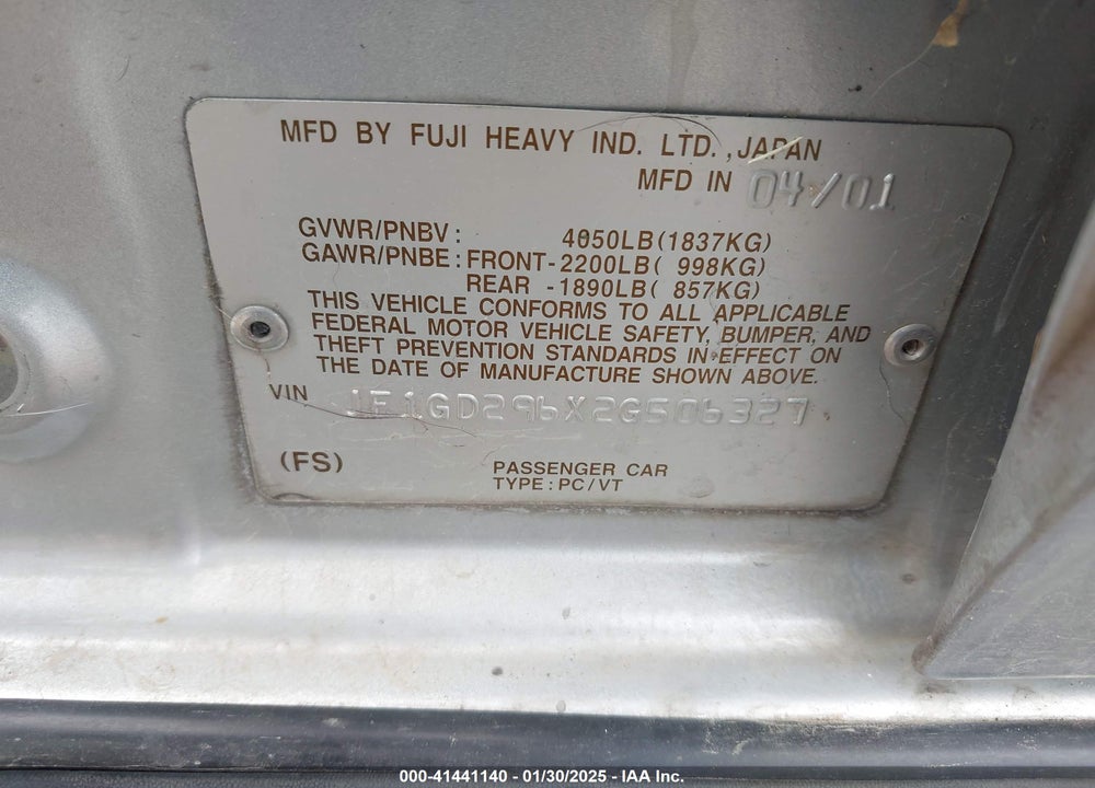 2002 SUBARU IMPREZA WRX VIN: JF1GD296X2G506327