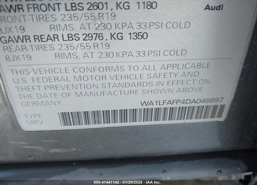 2013 AUDI Q5 2.0T PREMIUM VIN: WA1LFAFP4DA046897