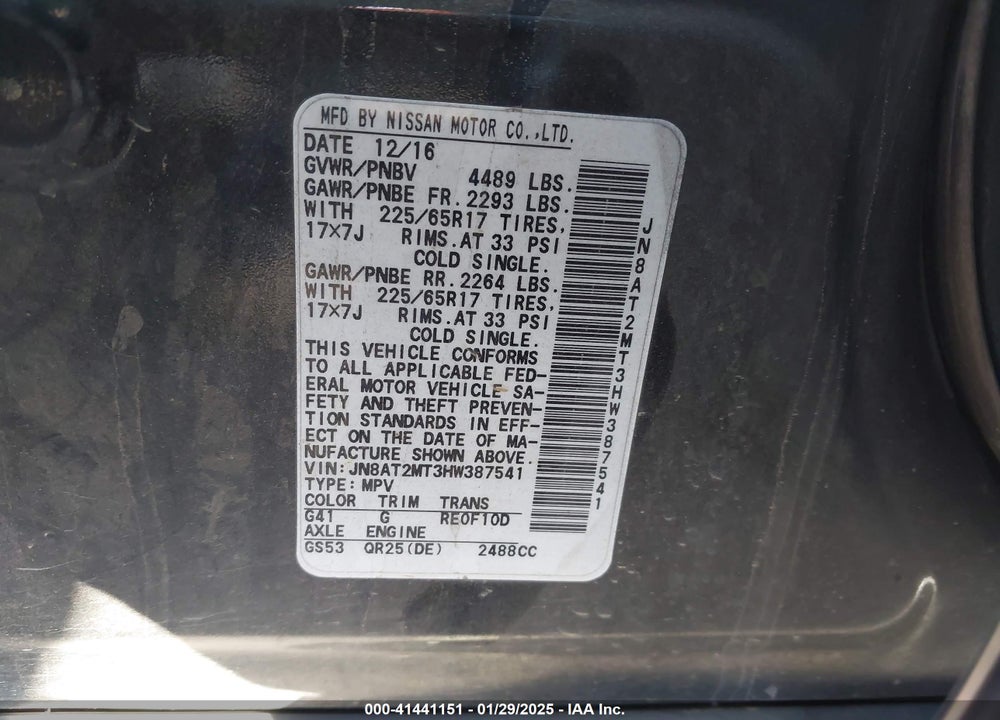 2017 NISSAN ROGUE S VIN: JN8AT2MT3HW387541