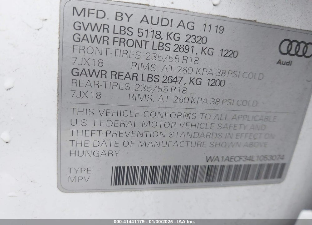 2020 AUDI Q3 PREMIUM 45 TFSI QUATTRO TIPTRONIC VIN: WA1AECF34L1053074