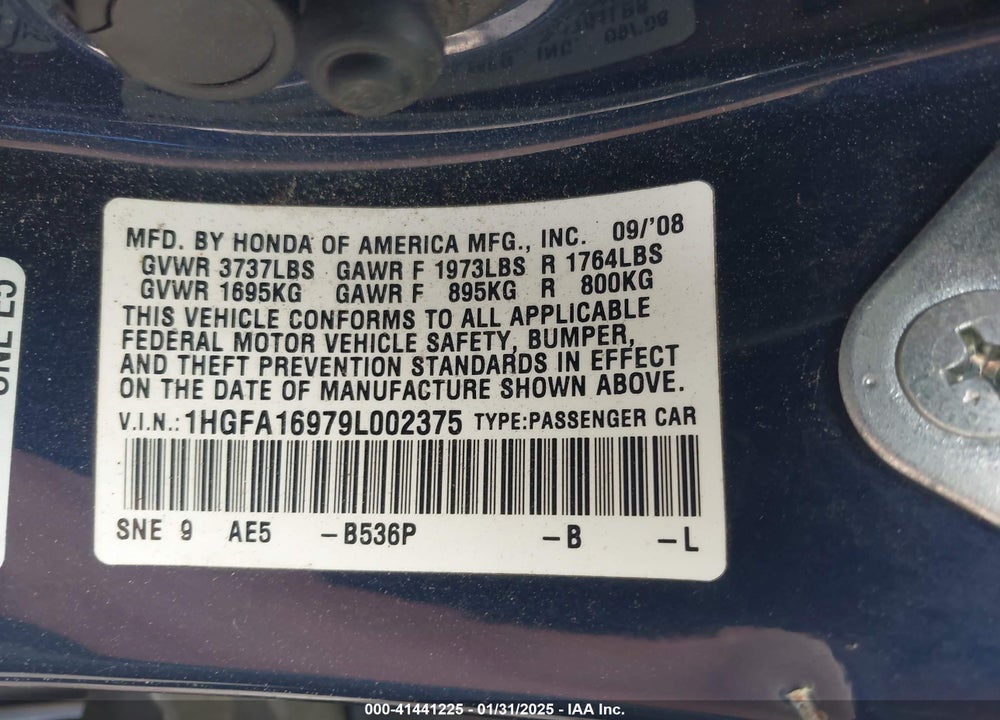 2009 HONDA CIVIC EX-L VIN: 1HGFA16979L002375