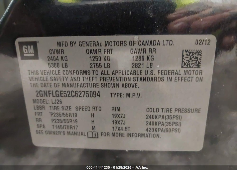 2012 CHEVROLET EQUINOX LTZ VIN: 2GNFLGE52C6275094