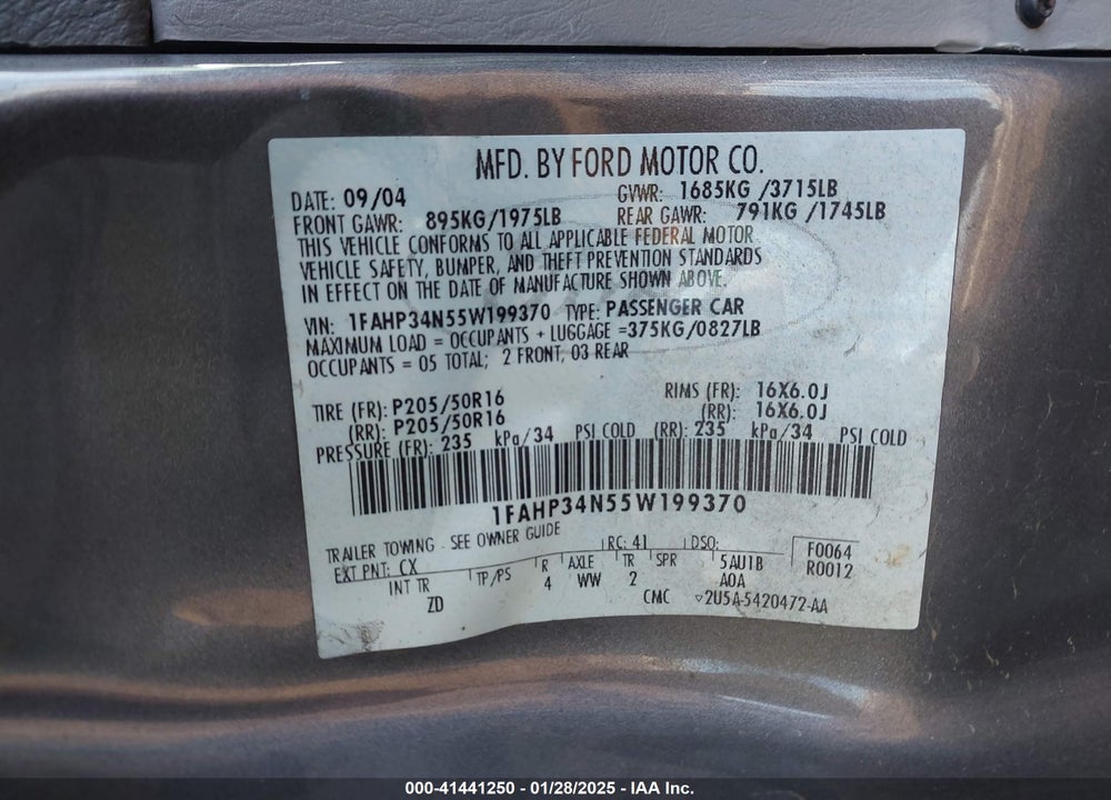 2005 FORD FOCUS VIN: 1FAHP34N55W199370