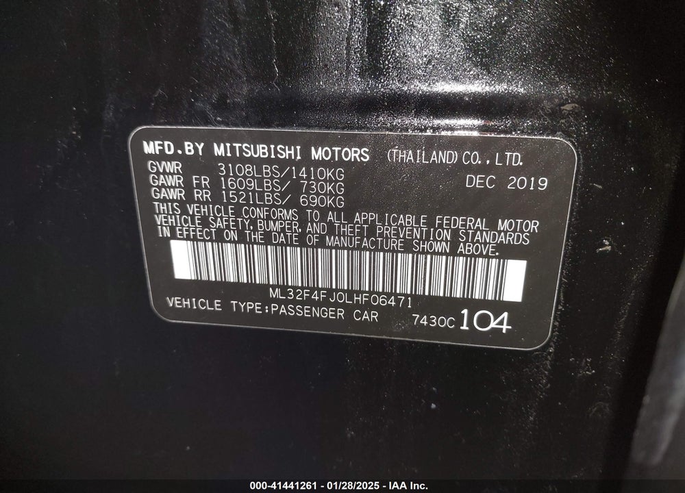 2020 MITSUBISHI MIRAGE G4 VIN: ML32F4FJ0LHF06471