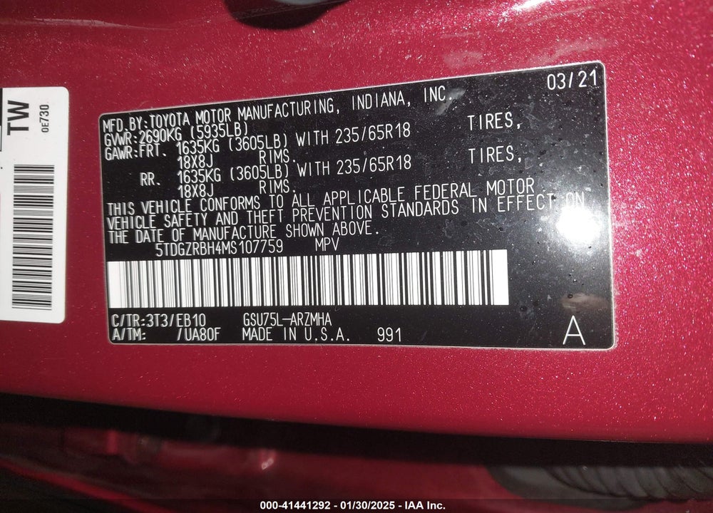 2021 TOYOTA HIGHLANDER XLE VIN: 5TDGZRBH4MS107759
