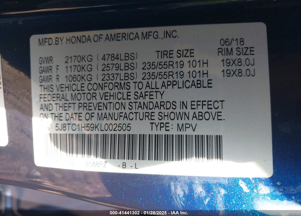 2019 ACURA RDX TECHNOLOGY PACKAGE VIN: 5J8TC1H59KL002505