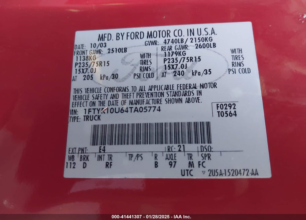 2004 FORD RANGER EDGE/XL/XLT VIN: 1FTYR10U64TA05774