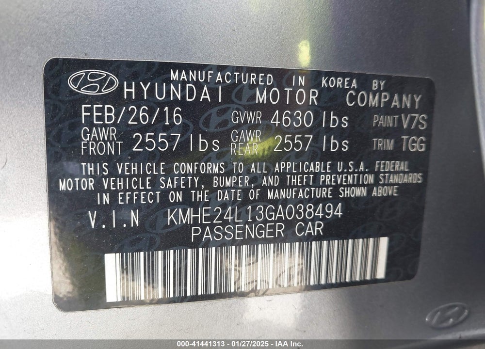 2016 HYUNDAI SONATA HYBRID VIN: KMHE24L13GA038494