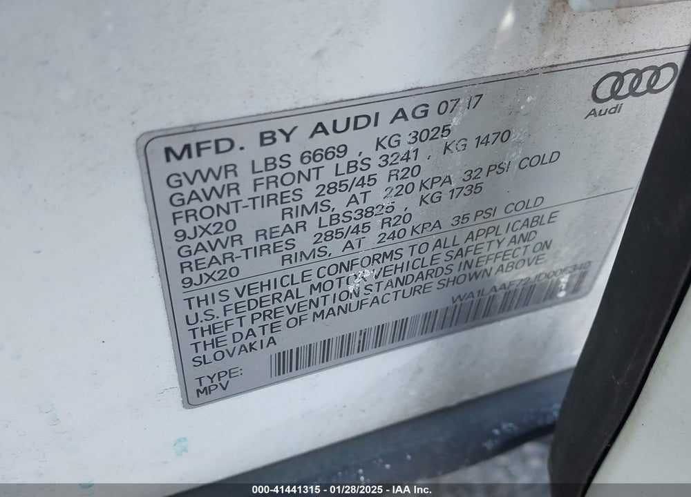 2018 AUDI Q7 3.0T PREMIUM VIN: WA1LAAF72JD005340