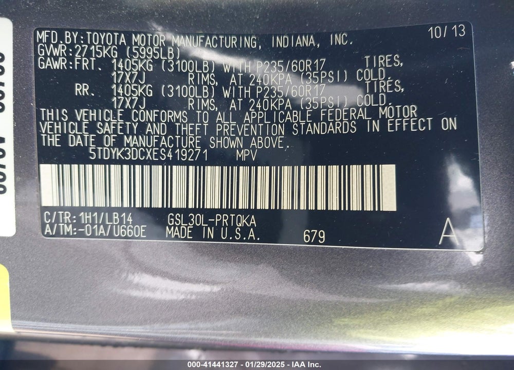 2014 TOYOTA SIENNA XLE V6 8 PASSENGER VIN: 5TDYK3DCXES419271