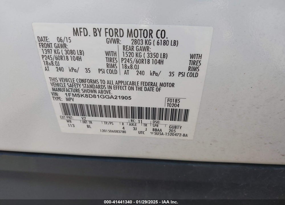 2016 FORD EXPLORER XLT VIN: 1FM5K8D81GGA21905