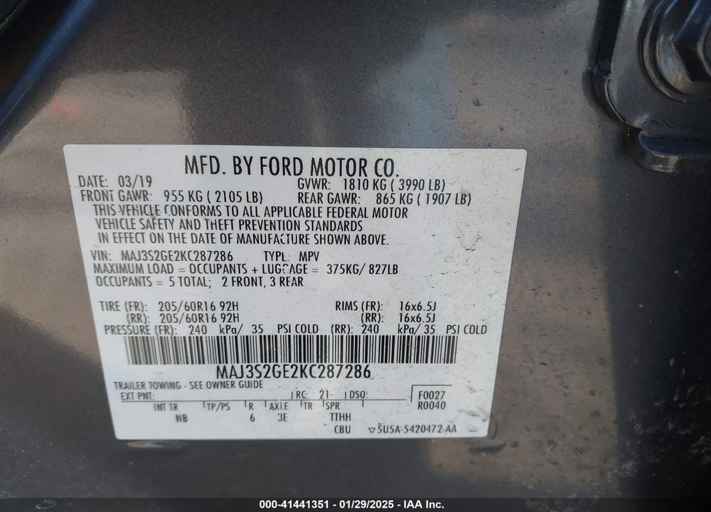 2019 FORD ECOSPORT SE VIN: MAJ3S2GE2KC287286