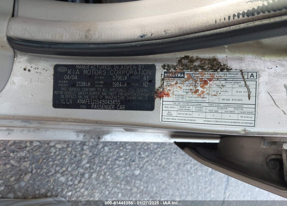 2004 KIA SPECTRA EX/LX VIN: KNAFE121545043455
