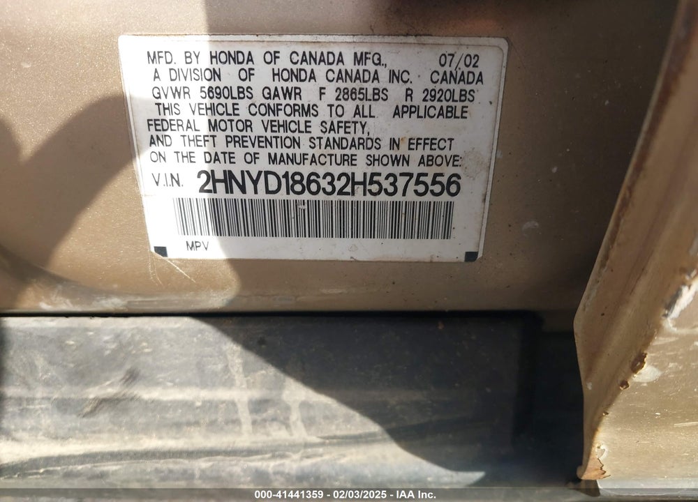 2002 ACURA MDX VIN: 2HNYD18632H537556
