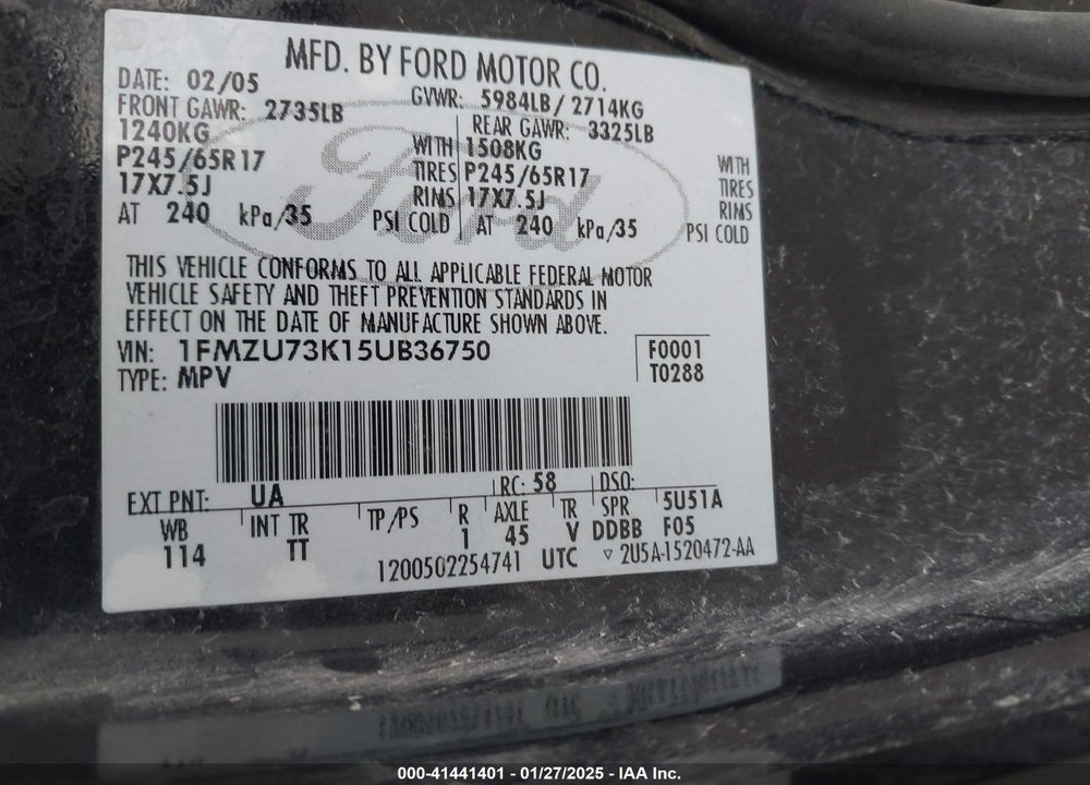 2005 FORD EXPLORER XLT/XLT SPORT VIN: 1FMZU73K15UB36750