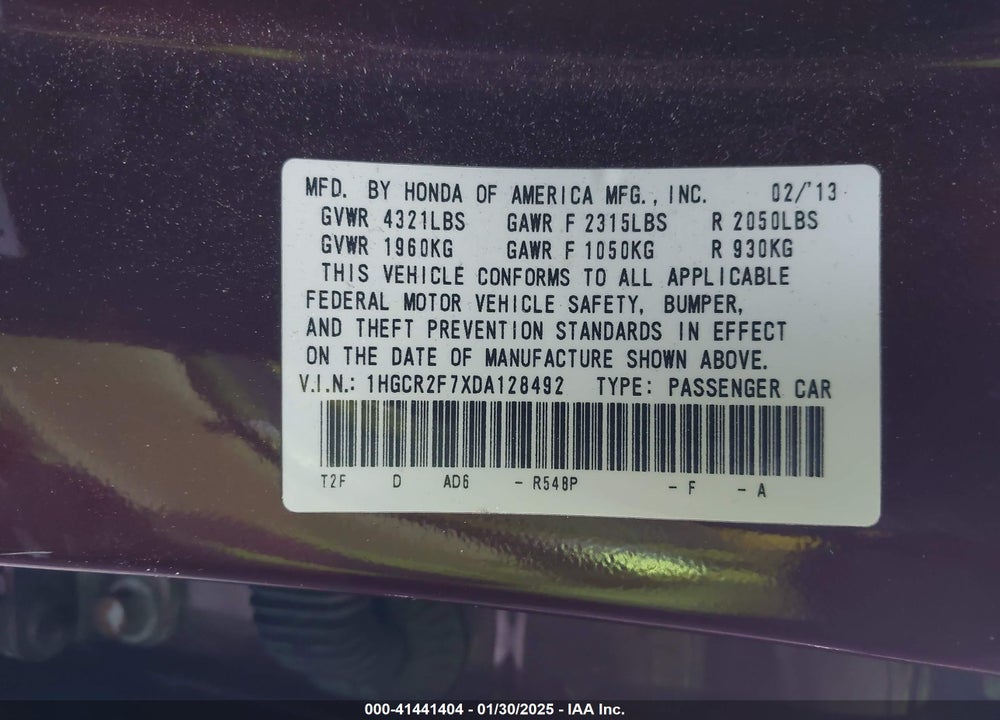 2013 HONDA ACCORD VIN: 1HGCR2F7XDA128492