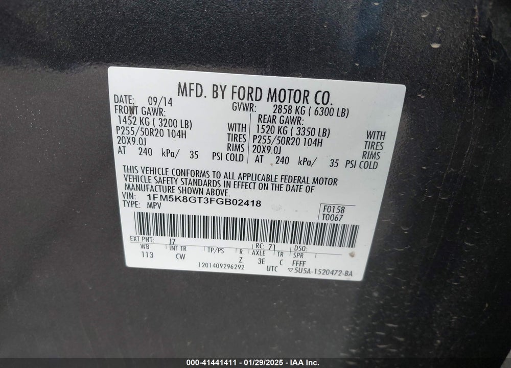 2015 FORD EXPLORER SPORT VIN: 1FM5K8GT3FGB02418