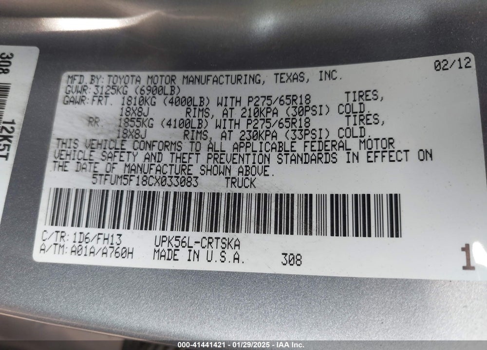 2012 TOYOTA TUNDRA GRADE 4.6L V8 VIN: 5TFUM5F18CX033083