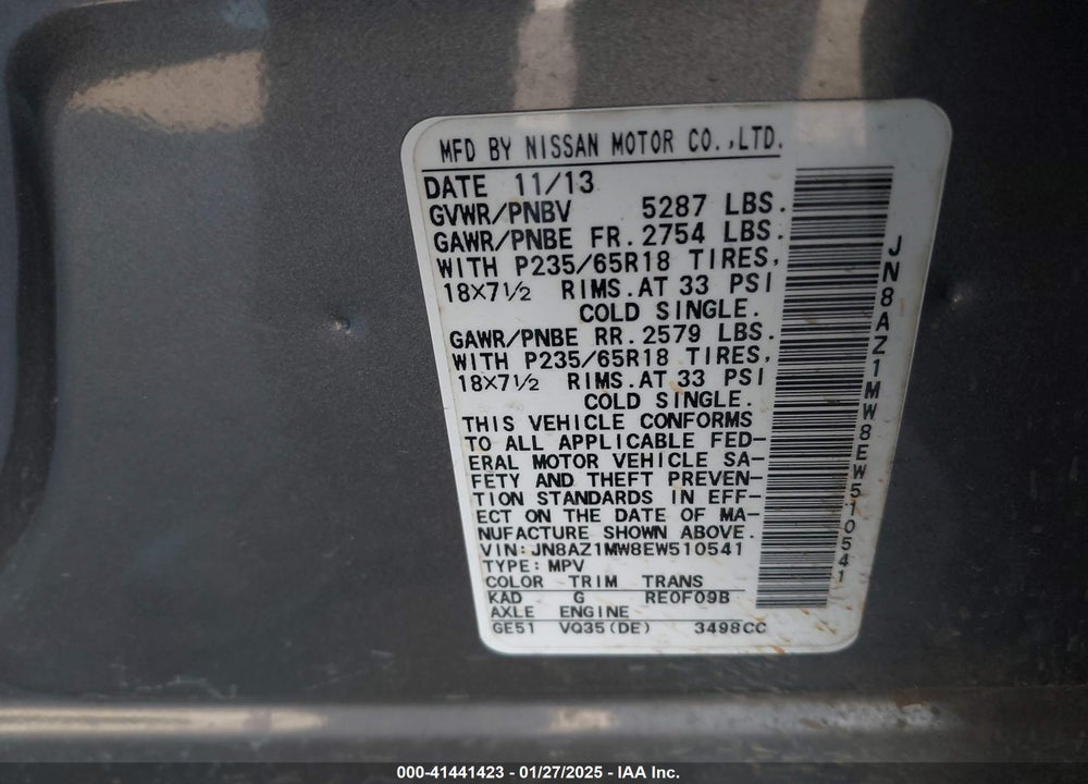 2014 NISSAN MURANO VIN: JN8AZ1MW8EW510541