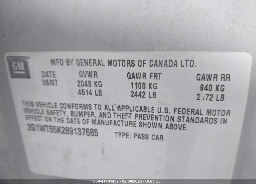 2008 CHEVROLET IMPALA VIN: 2G1WT55K289137685