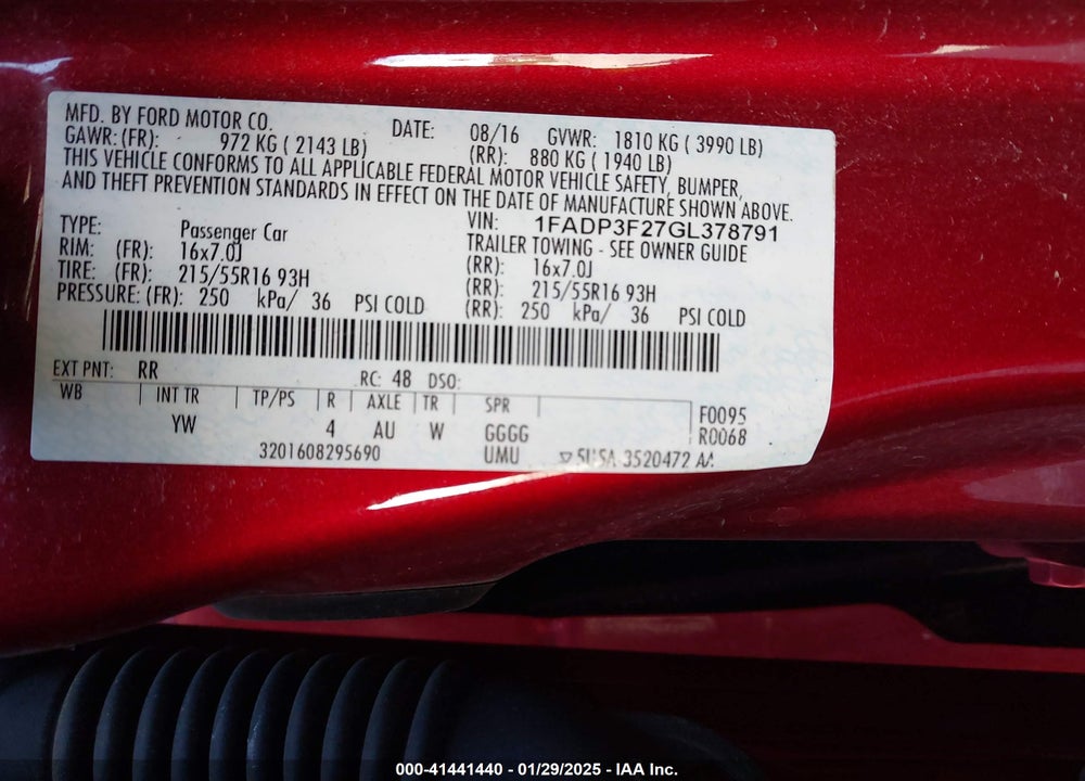 2016 FORD FOCUS VIN: 1FADP3F27GL378791