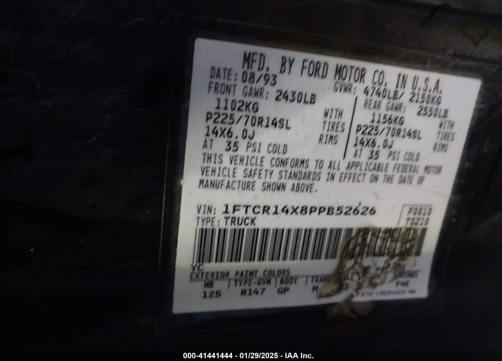 1993 FORD RANGER SUPER CAB VIN: 1FTCR14X8PPB52626