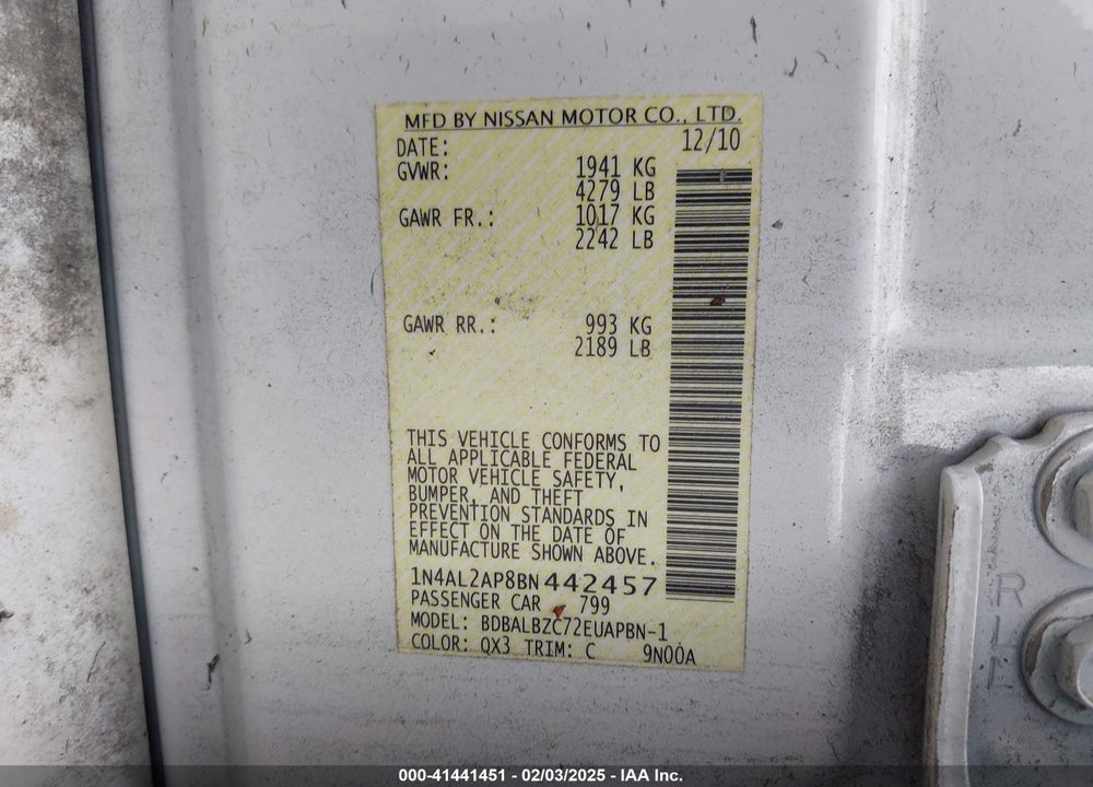 2011 NISSAN ALTIMA VIN: 1N4AL2AP8BN442457