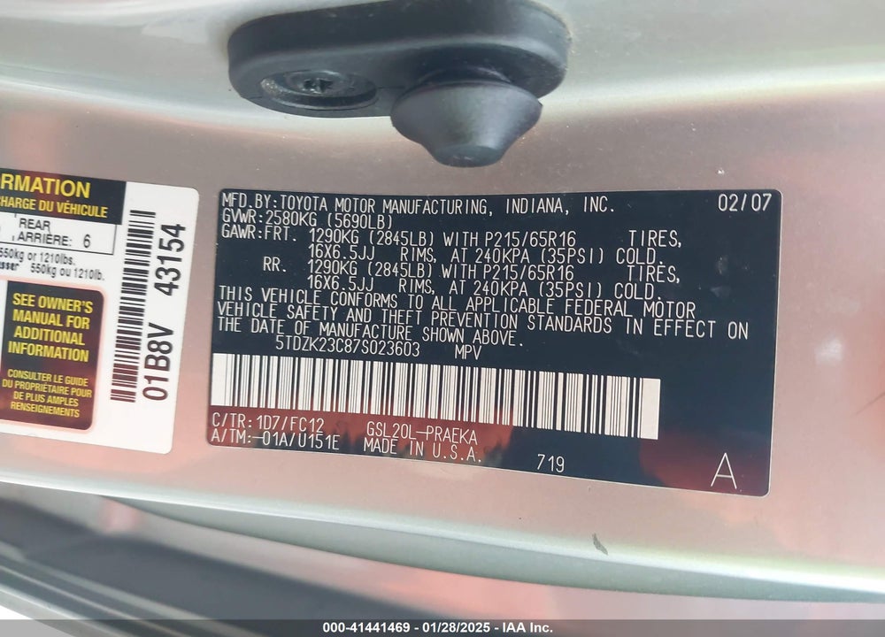 2007 TOYOTA SIENNA LE VIN: 5TDZK23C87S023603