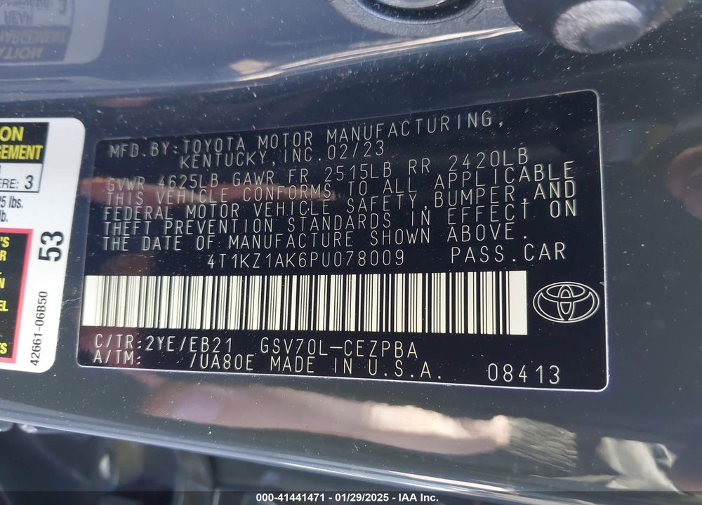 2023 TOYOTA CAMRY TRD VIN: 4T1KZ1AK6PU078009