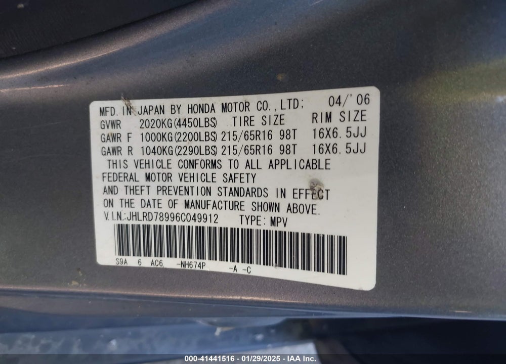 2006 HONDA CR-V SE VIN: JHLRD78996C049912