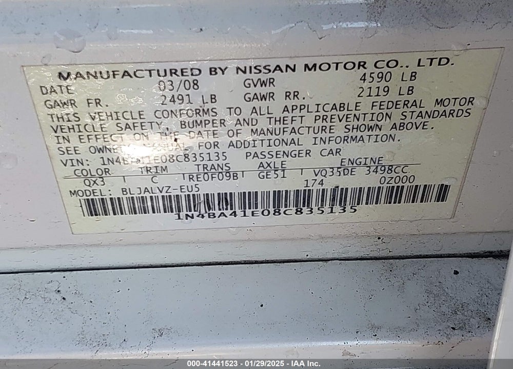 2008 NISSAN MAXIMA VIN: 1N4BA41E08C835135