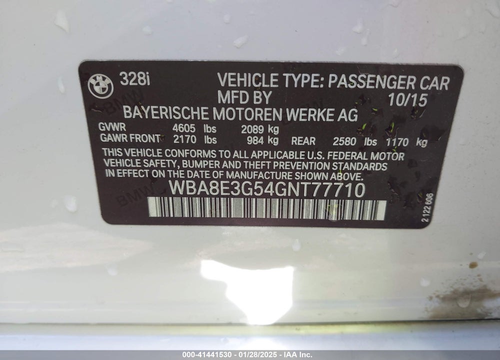 2016 BMW 328I VIN: WBA8E3G54GNT77710